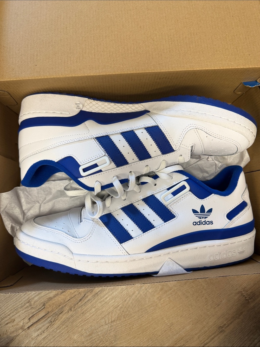 adidas White and Blue Low-Top Retro Court Sneakers